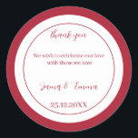 シンプル赤 ラウンドシール<br><div class="desc">カスタムウェディングステッカー、赤い色を特徴とし、カップルの名前と日付を変更でき、ゲストのためのメッセージは、「パーソナライゼーションクリック」リンクをクリックしてください。</div>