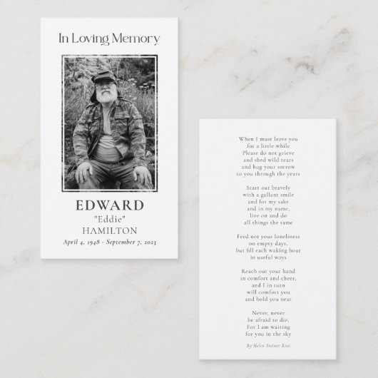 シンプル追悼写真悔やみや弔慰記念祈りの言葉カード 名刺 (正面/裏面)