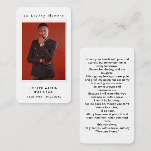 シンプル追悼写真悔やみや弔慰記念祈りの言葉カード 名刺 (正面/裏面)