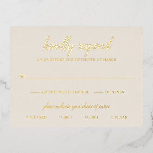 シンプル金エレガント箔アイボリーウェディングRSVPカード 箔招待状ポストカード (正面)