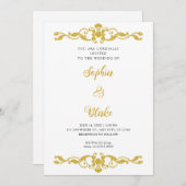 シンプル金ゴールドとホワイトアールデコ結婚ズ 招待状 (正面/裏面)