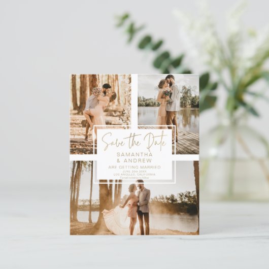 シンプル金ゴールドの保存日付3 photo予算結婚の (スタンド正面)