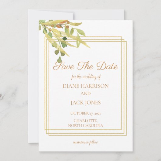 シンプル金ゴールドの葉の枠 招待状 (正面)