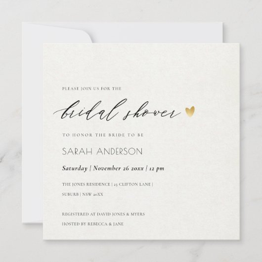 シンプル金ゴールドエレガントクラフトタイポグラフィブライダルシャワー 招待状 (正面)