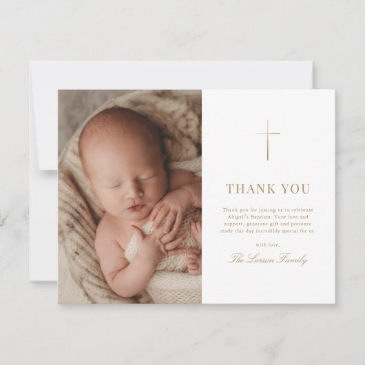 シンプル金ゴールドエレガントクロスバプテスマ《キリスト教》洗礼式や命名式 サンキューカード (正面)