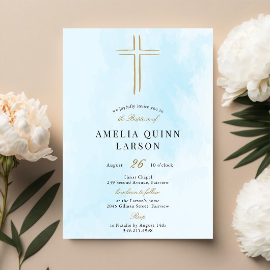 シンプル金ゴールドエレガントクロスバプテスマ 招待状