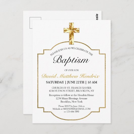 シンプル金ゴールドエレガントクロスボーイズバプテスマ招待状 ポストカード (正面/裏面)