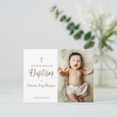 シンプル金ゴールドエレガントクロス洗礼写真ありがとう ポストカード (スタンド正面)