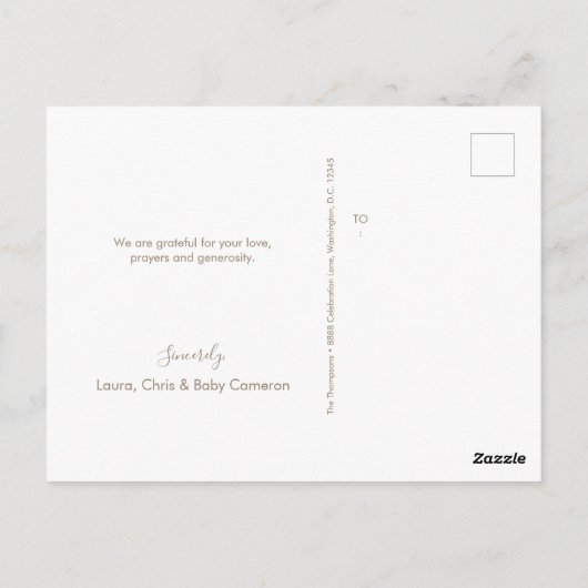 シンプル金ゴールドエレガントクロス洗礼写真ありがとう ポストカード (裏面)