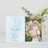 シンプル金ゴールドエレガントクロス洗礼写真 招待状 (スタンド正面)