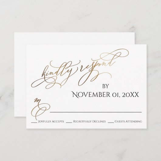 シンプル金ゴールドエレガントタイプ親切に応答 出欠カード (正面/裏面)