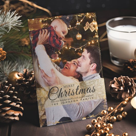 シンプル金ゴールドエレガントフレーム写真クリスマス シーズンカード