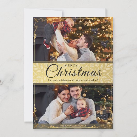 シンプル金ゴールドエレガントフレーム2写真クリスマス シーズンカード (正面)