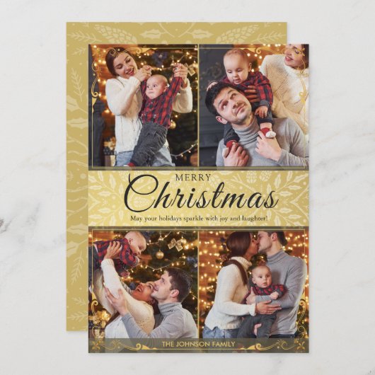 シンプル金ゴールドエレガントフレーム4写真クリスマス シーズンカード (正面/裏面)