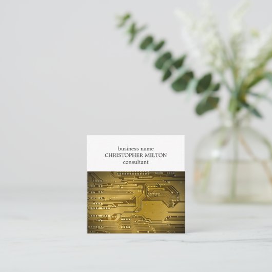 シンプル金ゴールドエレガント回路基板ハイテクサービス スクエア名刺 (スタンド正面)
