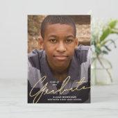 シンプル金ゴールドオーバーレイ写真卒業パーティー 招待状 (スタンド正面)