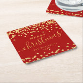シンプル金ゴールドクリスマスホリデイズグリッターレッド スクエアペーパーコースター (アングル)