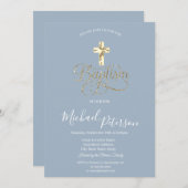 シンプル金ゴールドクロスエレガントバプティスダスティブルー 招待状 (正面/裏面)