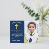 シンプル金ゴールドクロスダークブルー1番目の聖体感謝してい ポストカード (スタンド正面)