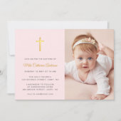 シンプル金ゴールドクロスフェイクピンク写真バプテスマ 招待状 (正面)