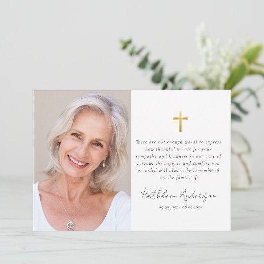 シンプル金ゴールドクロスフォト悔やみや弔慰葬儀 サンキューカード (スタンド正面)