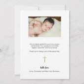 シンプル金ゴールドクロスモダン2ベビー写真バプテスマ サンキューカード (裏面)