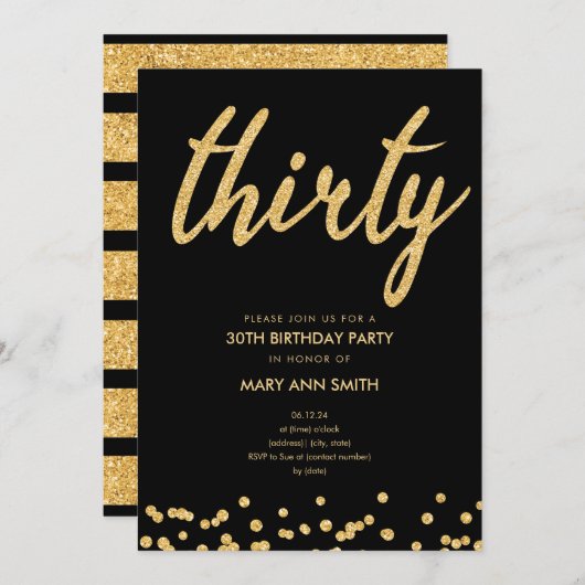 シンプル金ゴールドグリッタータイプ30歳の誕生日パーティー 招待状 (正面/裏面)