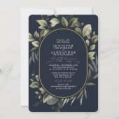 シンプル金ゴールドグリーンユーカリプトゥスダークネイビー結婚ズ 招待状 (正面)