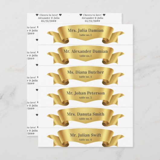 シンプル金ゴールドシルクリボンバナ結婚ーの座席表 招待状 (正面/裏面)