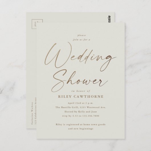 シンプル金ゴールドスクリプトウェディングシャワー ポストカード (正面/裏面)