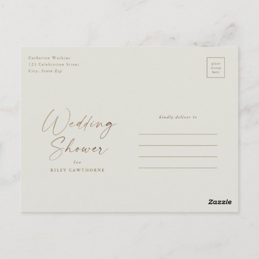 シンプル金ゴールドスクリプトウェディングシャワー ポストカード (裏面)