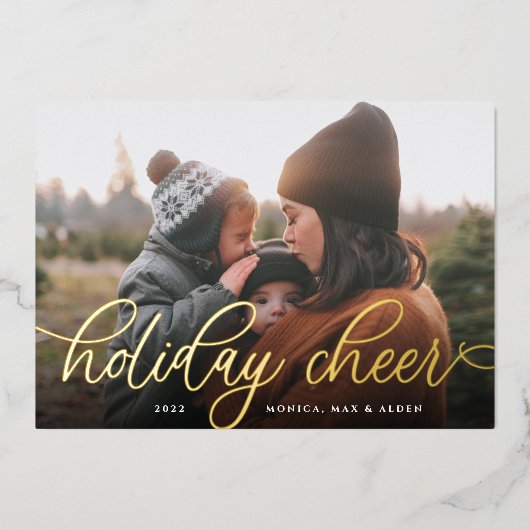 シンプル金ゴールドスクリプトオーバーレイ写真 箔シーズンカード (正面)