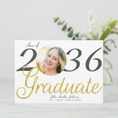 シンプル金ゴールドスクリプトファッション1枚の写真卒業 案内状 (スタンド正面)