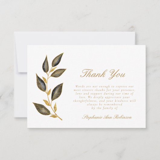 シンプル金ゴールドスクリプトフローラ葬儀ありがとう サンキューカード (正面)