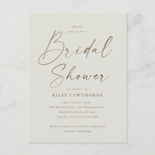 シンプル金ゴールドスクリプトブライダルシャワー ポストカード (正面)