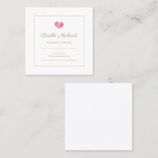 シンプル金ゴールドスクリプト付きピンクエレガントハート スクエア名刺 (正面/裏面)