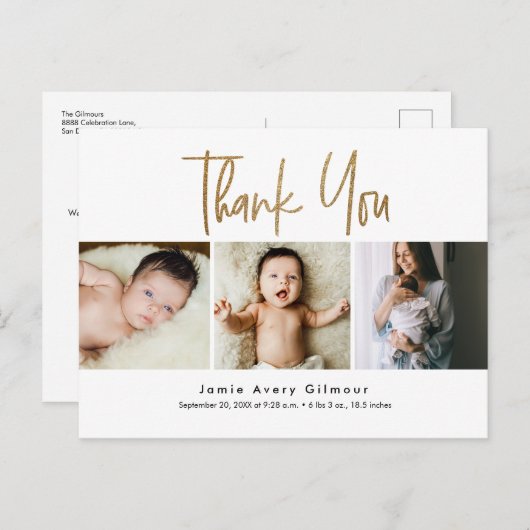 シンプル金ゴールドスクリプト写真コラージュベビー感謝していユー ポストカード (正面/裏面)