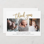 シンプル金ゴールドスクリプト3フォトベビー サンキューカード (正面/裏面)