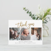 シンプル金ゴールドスクリプト3フォトベビー サンキューカード (スタンド正面)