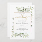 シンプル金ゴールドスクリプ葉トのグネリー結婚ズ 招待状 (正面/裏面)