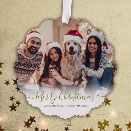 シンプル金ゴールドスモダンクリプト2写真クリスマス オーナメントカード