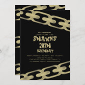 シンプル金ゴールドチェーフェイクン大人の誕生日パーティブラック 招待状 (正面/裏面)