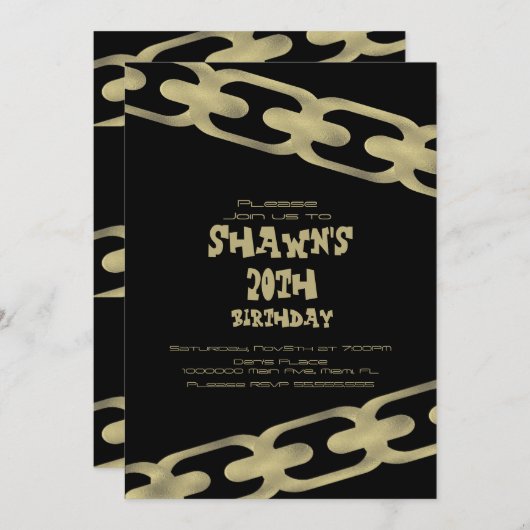 シンプル金ゴールドチェーフェイクン大人の誕生日パーティブラック 招待状 (正面/裏面)