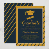 シンプル金ゴールドネイビーグラードキャップシックスタイリッシュ卒業 案内状 (正面/裏面)