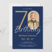 シンプル金ゴールドネイビーブルー写真70誕生日 招待状 (正面)