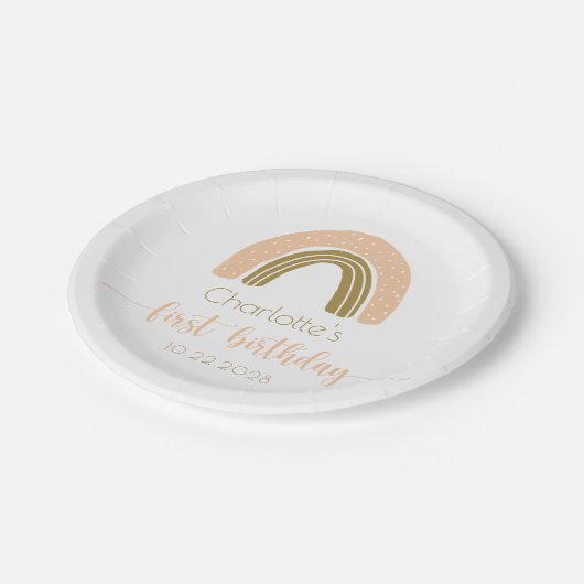 シンプル金ゴールドピンクボホレインボーファースト誕生日 ペーパープレート (アングル)