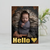 シンプル金ゴールドフォトコラージュHelloベビー発表 箔招待状 (立ち正面)