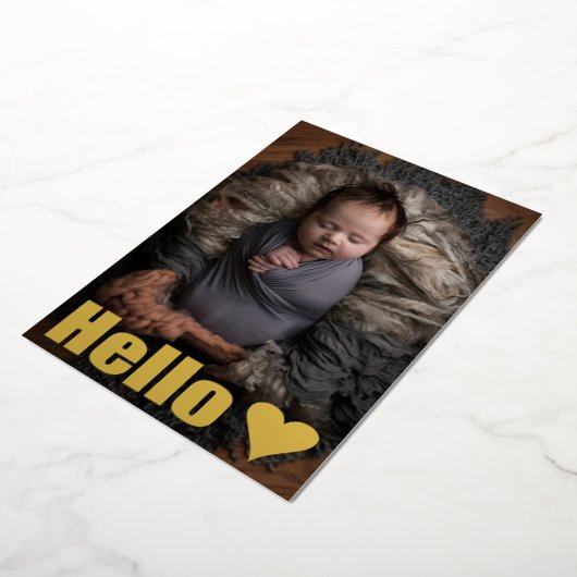 シンプル金ゴールドフォトコラージュHelloベビー発表 箔招待状 (回転した状態)