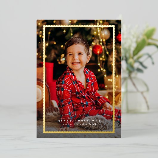 シンプル金ゴールドフレームのクリスマスフォト 箔シーズンカード (立ち正面)