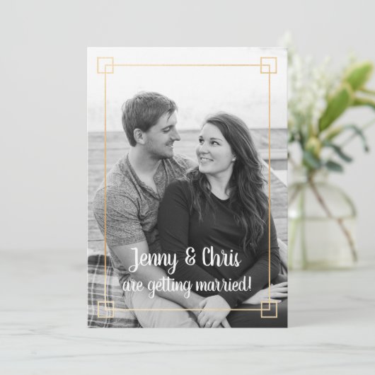 シンプル金ゴールドフレ結婚ーム写真お祝い招待状 招待状 (スタンド正面)